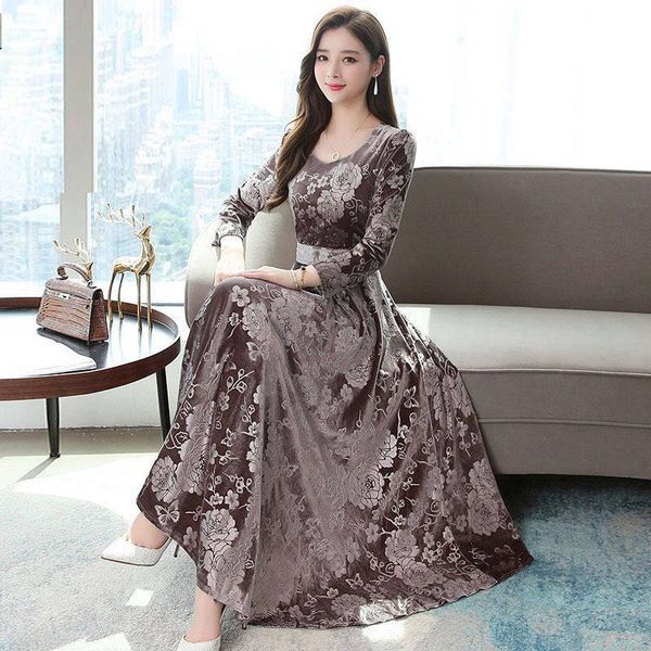 

2019 autumn winter dress plus size 4xl round collar flower printed long sleeve woman ball gown long velvet dress, Black;gray