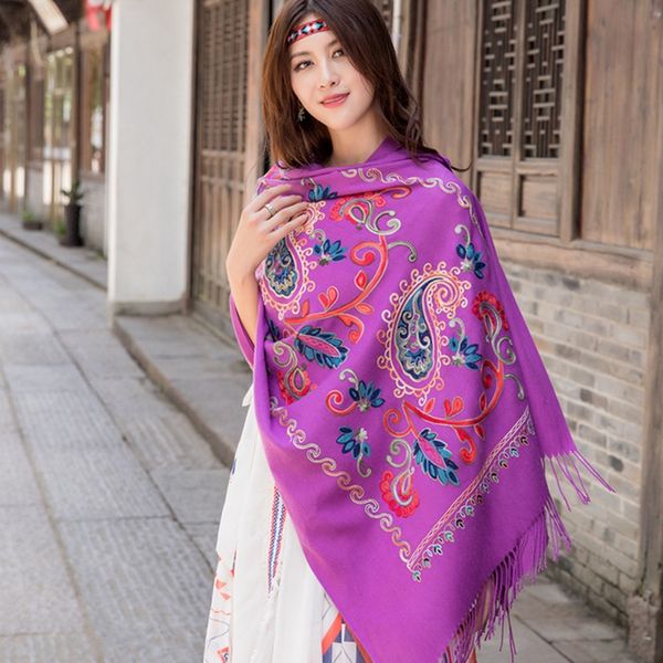 

women new purple embroider flower cashmere scarf winter warm fine tassels scarf oversize shawl fashion shawl scarves