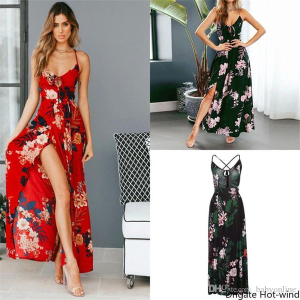 

women floral print sleeveless boho dress evening gown party long maxi dress summer split sundress bz8013, Black;gray