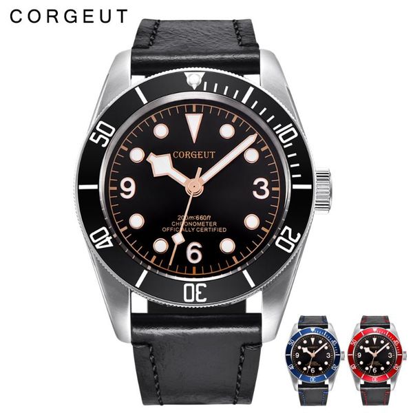 

corgeut men automatic mechanical watch lume waterproof sport swim clock leather mechanical wrist watches, Slivery;brown
