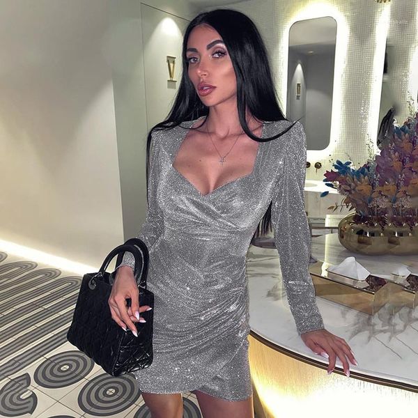 

club party dresses casual women designer clothing sequins women designer dresses v neck fashion slim long sleeve nigh, Black;gray