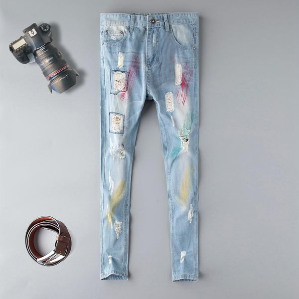 

fashion blue embroidery flower designer zipper wash jeans men slim denim distressed pants brand straight pants