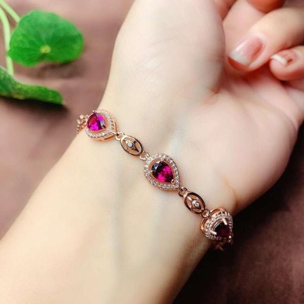 

fashion red garnet gemstone bracelet bangle for beautiful women fine jewelry natural gem 925 sterling silver heart girl present, Golden;silver