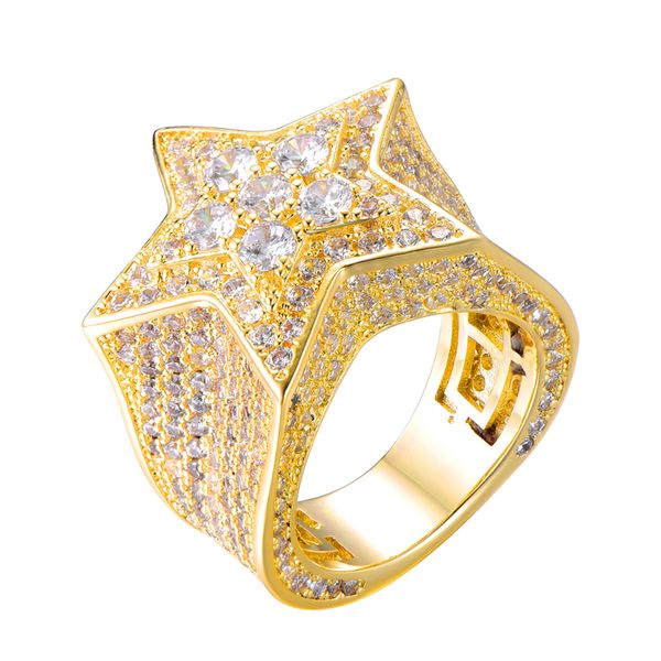 

new gold silver color plated micro paved cz star hip hop finger ring for men women, Golden;silver