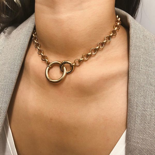 

fan double round circle lasso choker necklace chunky chain collar statement necklace for women jewelry bijoux femmer, Golden;silver