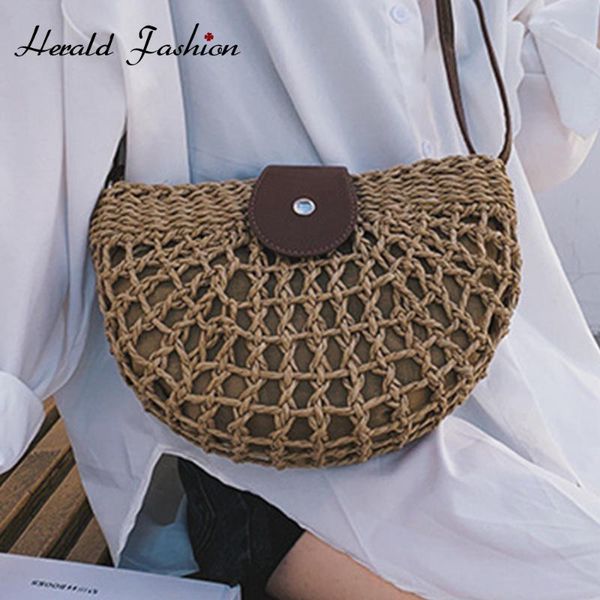 

new straw bag 2020 women hand-woven hollow handbag moon shape rattan bag big capacity drawstring handbag casual travel beach