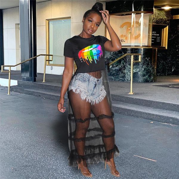 

Summer Women Chiffon Panelled Tshirts Fashion Designer Crew Neck Laies Tees Casual Big Mouth Printed Womens Tops