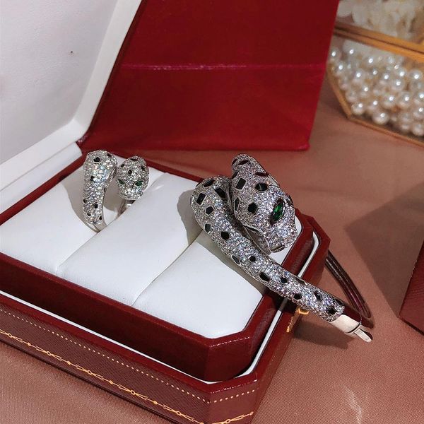 

new cubic zirconia double black spotted leopard head bangle 18k gold plated bracelets and rings party jewelry sets for women, Silver