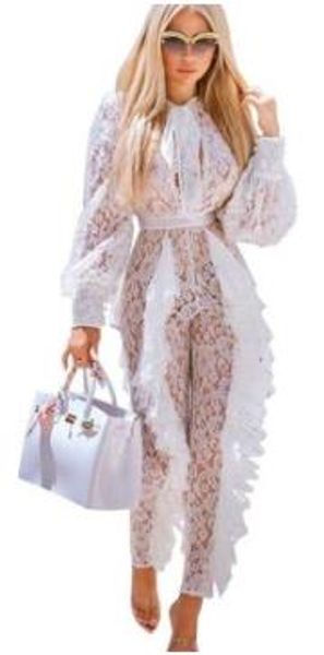 

sheer white lace jumpsuit for women see through floral ruffles bodycon rompers christmas night club overalls ae247, Black;white