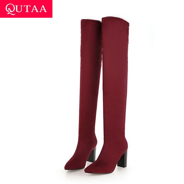 

qutaa 2020 pointed toe leopard stretch suede long boots square high heel winter warm fur over the knee boots size 34-43, Black