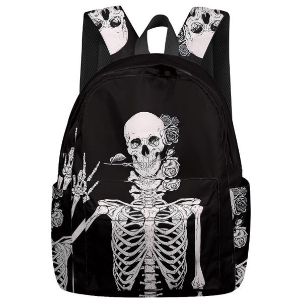 

человеческий скелет роза цветок черный новая мода рюкзак повседневное путешествие простой рюкзак мужчины и женщины