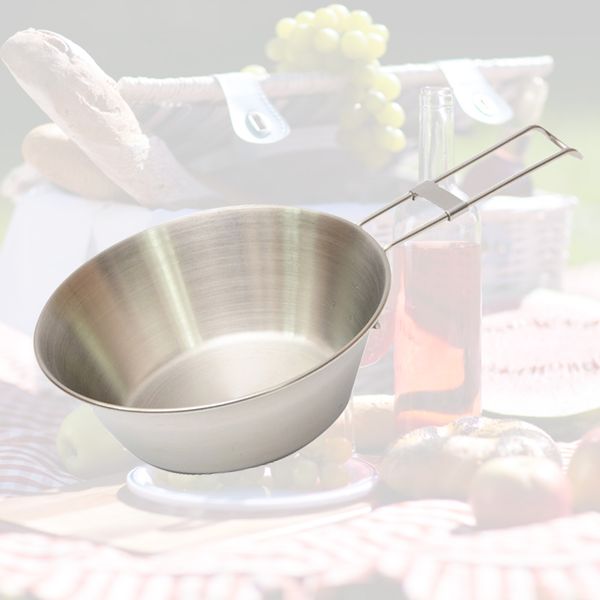

portable stainless steel picnic hiking space saving ultralight tableware camping bowl with folding handle cookware outdoor