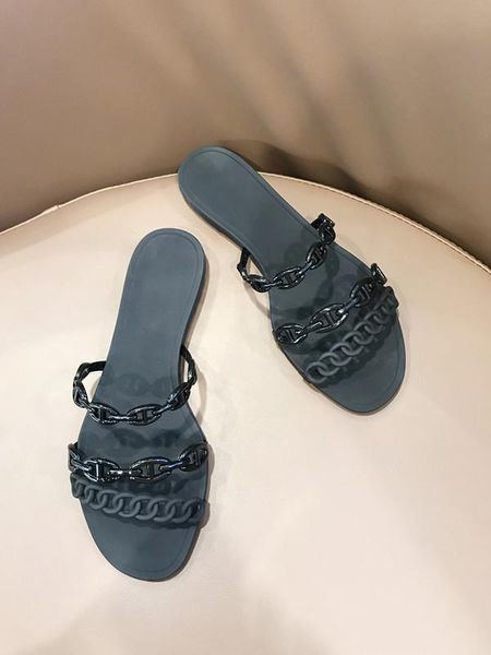 

street fashion simple three chain hollow-out women slippers jelly shoes women mules slip on flat beach shoes cozy summer, Black