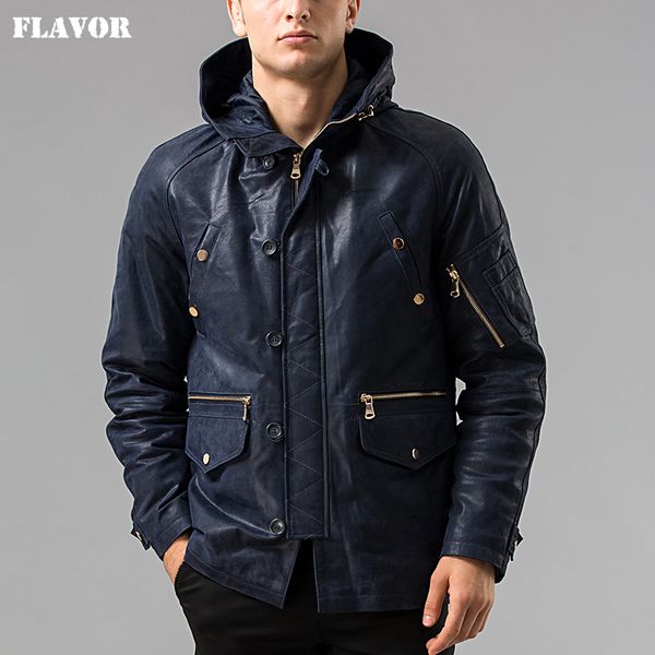 

s-6xl winter men's pigskin real leather jacket hooded hat detachable genuine leather jacket male overcoat, Black