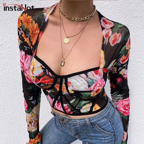 

instafloral mesh boat neck long sleeve crop women party club skinny patchwork t-shirt office lady vintage 2019, White
