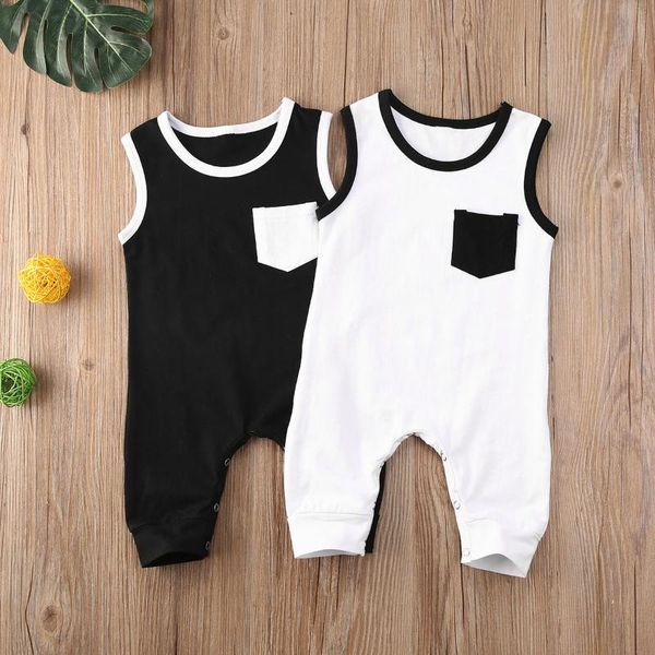 

jumpsuits 2021 summer 0-18m born infant baby girls boys rompers black/white pocket solid sleeveless cotton clothes 2 colors, Blue