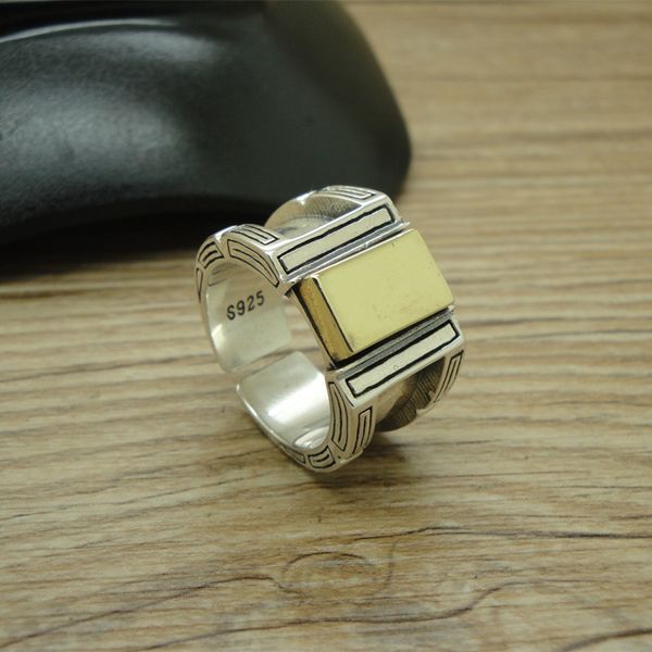 

sterling silver 925 gents signet rings with brass center 100% real 925 thai silver chunky men rings unique cool men jewelry gift, Golden;silver