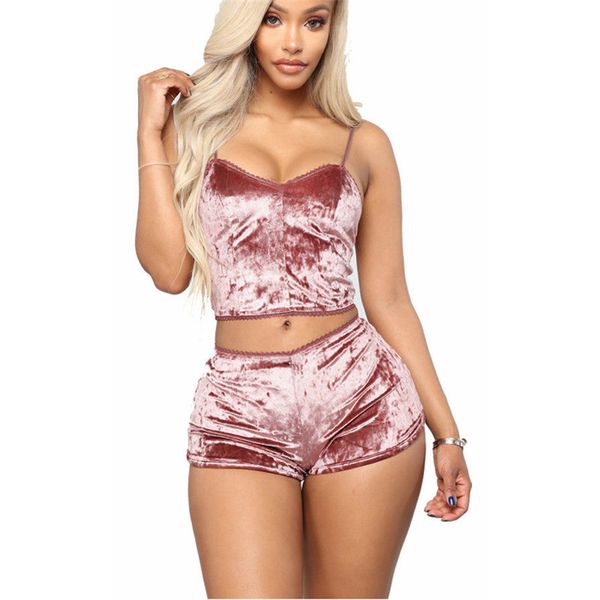 

women's sleepwear velvet pajamas set 2021 summer solid vest shorts two-piece nightwear fashion v neck clothes lingerie sale, Black;red