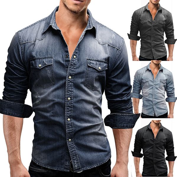 dos homens do desenhista camisas de denim nova moda simples slim fit lavagem ocasional azul de manga longa Carga de jeans camisas bolsos Chemise Homme plus size M-3XL