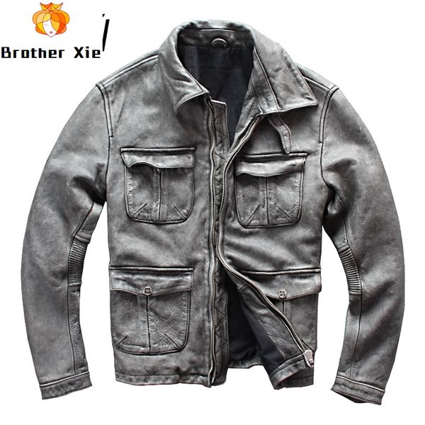 

men's leather & faux 2021 vintage genuine motorcycle jacket plus size 4xl cowhide biker coat for male, Black