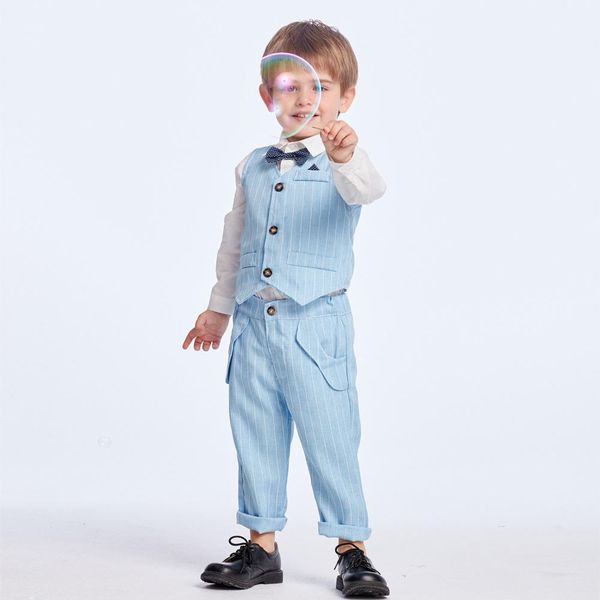 

3 sets spring and autumn boys striped shirt + vest + trousers gentleman long sleeve clothes baby suit holiday clothing children's cloth, White