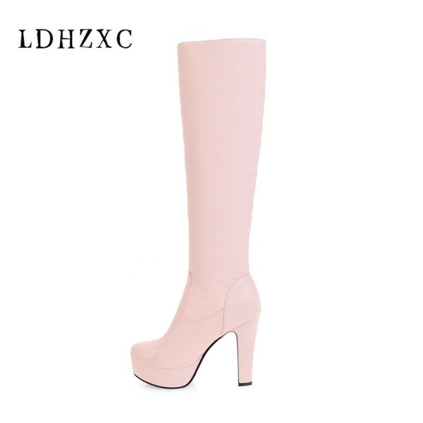 

ldhzxc 2019 new women boots pu out door over the knee boots ladies warm fur square high heels lady shoes woman size 13 14, Black