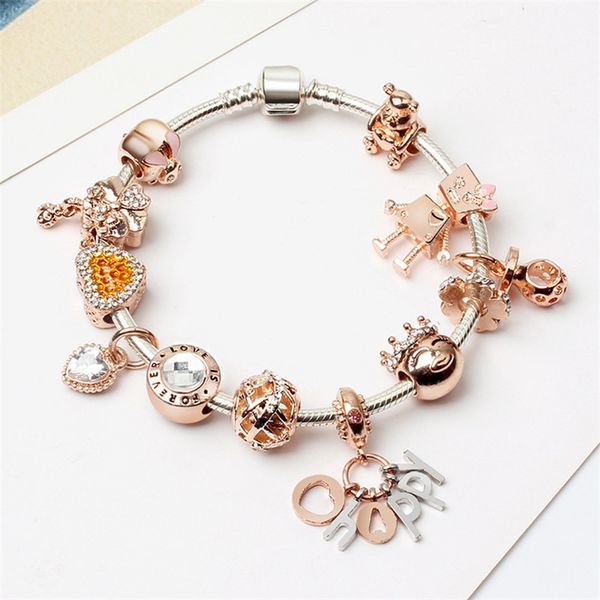 

19 новый шарм pandor стиль браслеты шарма браслет из бисера 925 серебряный розовое золото браслет беллы кулон браслет валентина подарка diy, Golden;silver