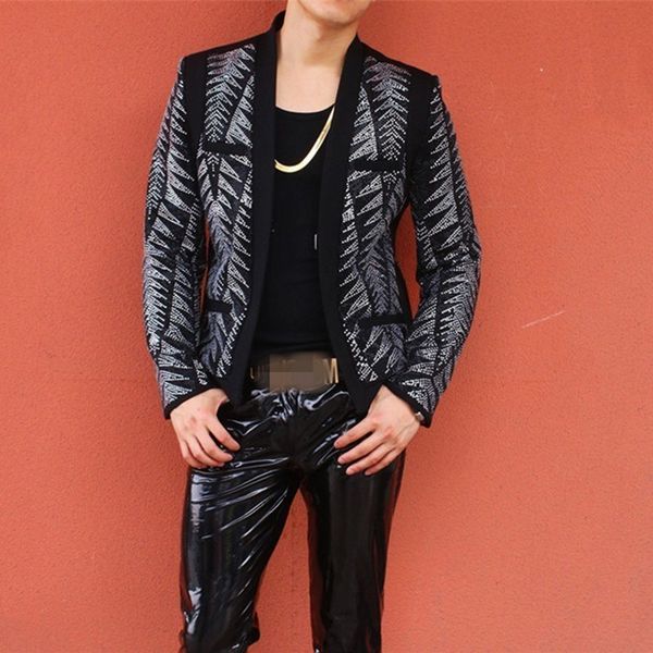 

punk diamonds bling mens night show wear coats long sleeve covered button slim fit big size male cardigan jackets, Black;brown