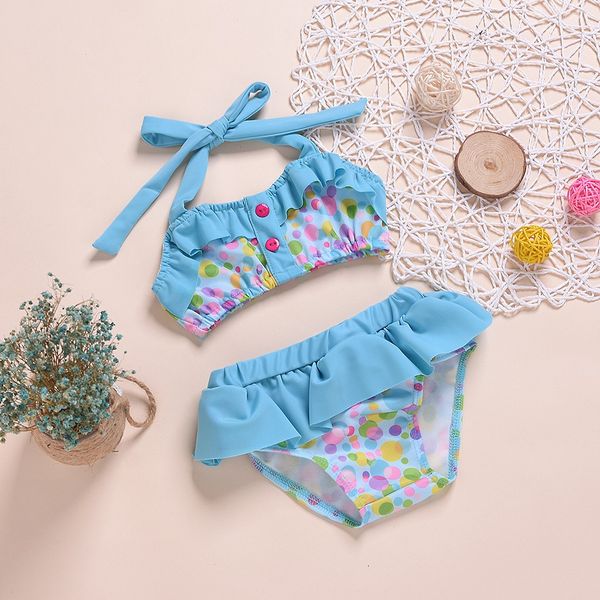 

2019 swimsuit girls kids animal print baby kids girls summer ruffle suspender dot printed bikini swimwear swimsuit set drop ship, White