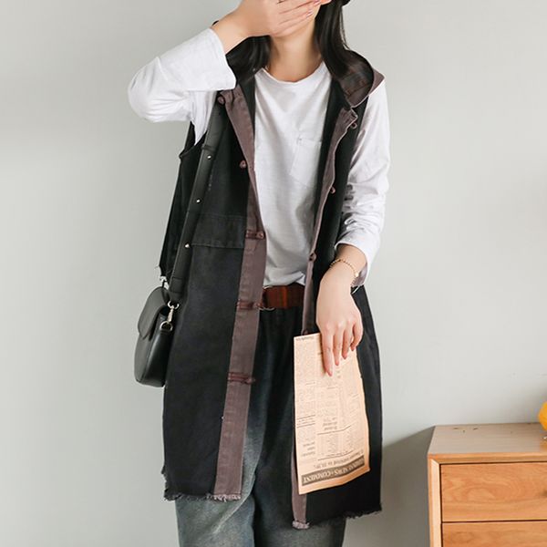 

women denim hooded jacket sleeveless outwear vest retro vintage casual big loose long solid color for autumn spring az27253519, Black;white