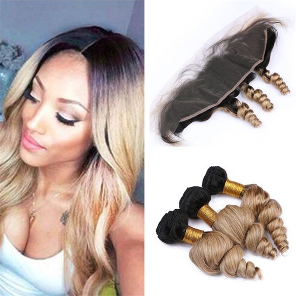 

dark roots honey blonde ombre human hair bundles with frontal lace closure loose wave wavy two tone 1b/27 ombre virgin hair frontals, Black;brown