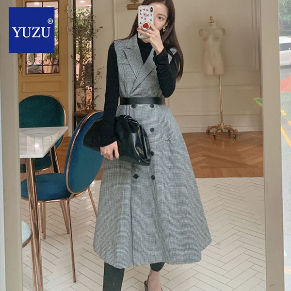 

womens plaid vest jackets winter houndstooth tweed long elegant office belt a-line blazer turn-down collar double breasted vests, Black;white