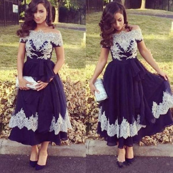 

ankle length prom dresses off the shoulder lace appliques a line chiffon graduation party dress back zipper short sleeves evening gowns, Black