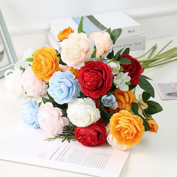 

1 bundle silk peony bouquet home decoration accessories wedding party scrapbook fake plants diy pompons artificial roses flowers
