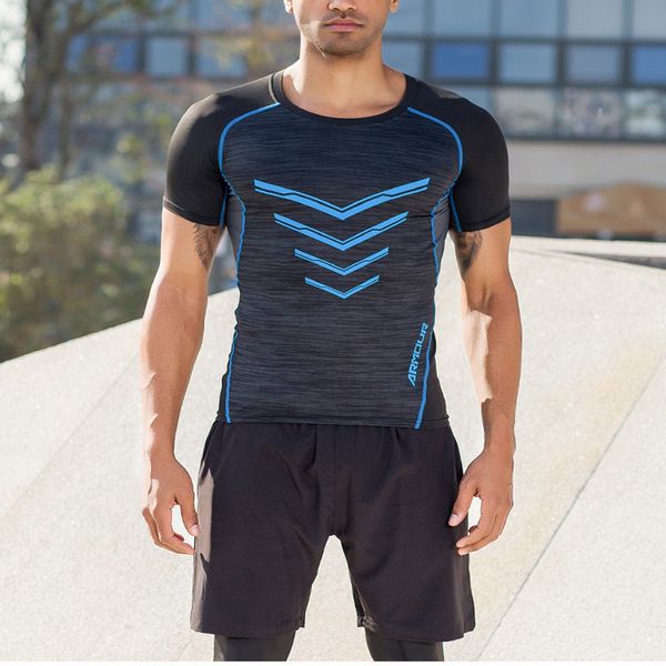 

men's fitness athletic quick drying elastic t-shirt short sleeve clothing running sports gym yoga athletic for men apertadas #f, Black;blue