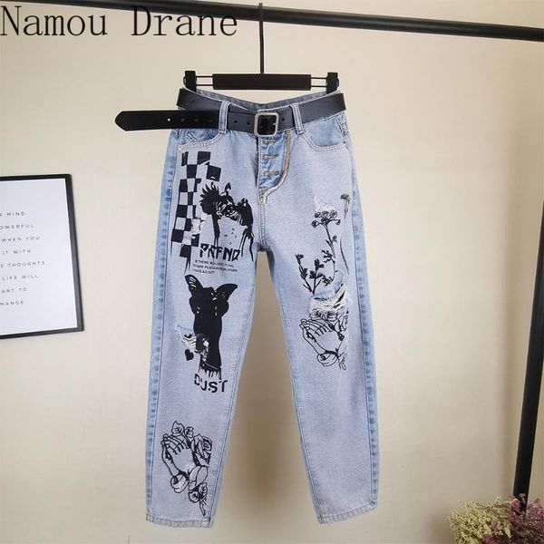 

women's jeans 2021 casual women slim spring summer cat pants skinny stretch trousers blue cartoon elastic femme
