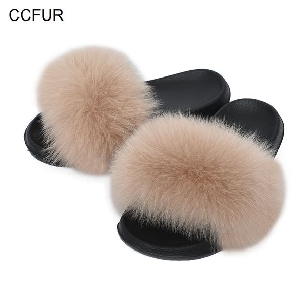 

ccfur women's furry slippers ladies cute real fox fur hair fluffy slides women's genuine fur sliders indoor s6043b t200411, Black