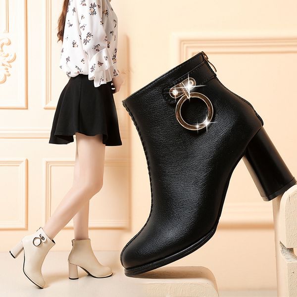 

high heels boots women solid ankle boots round toe zipper rubber square heel vintage women zapatos mujer #0821, Black