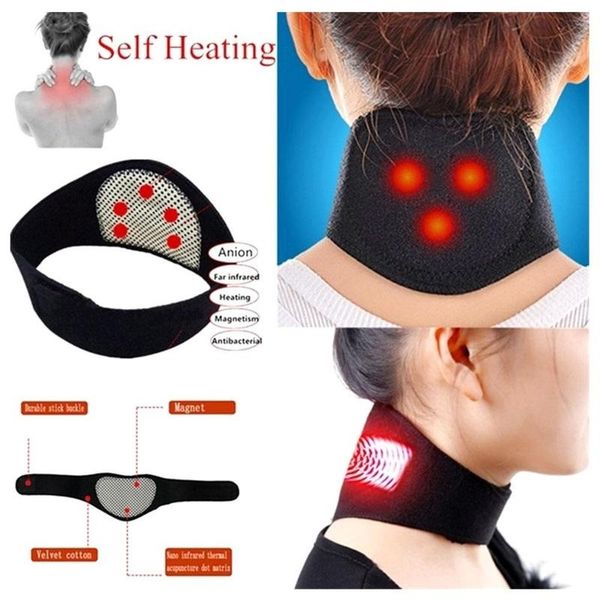 

1pc self-heating tourmaline neck support belt magnetic therapy brace wrap pain relief neck massager spontaneous heating belt, Black;blue