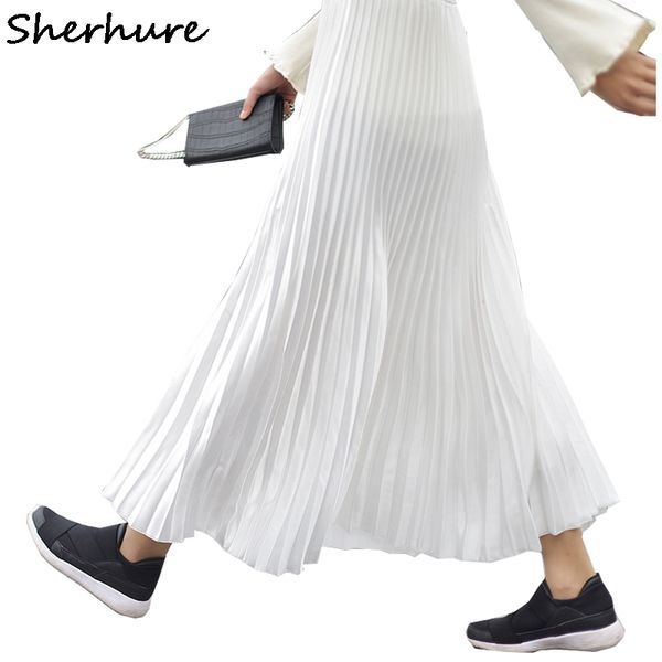 

2018 women long pleated skirt high waist women white long skirt female autumn vintage maxi saia, Black
