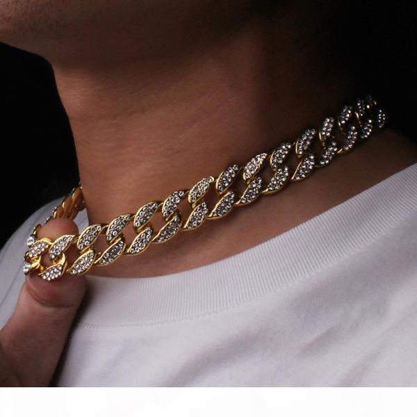 

karopel iced out bling rhinestone golden finish miami cuban link chain necklace men's hip hop necklace jewelry 16,18, 20,24 inch, Silver