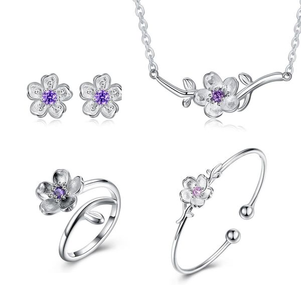 

fashion pink zircon cherry blossoms flower necklace+earrings+bracelet+ring 925 sterling silver jewelry sets for women girl