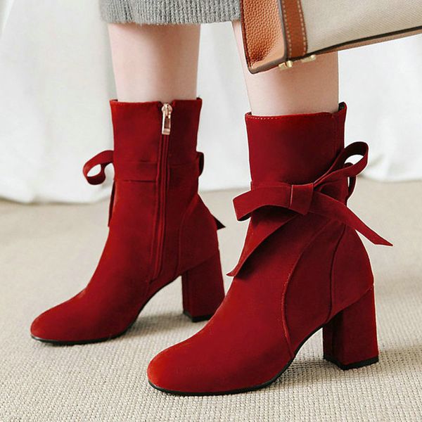

aiweiyi woman ankle boots sweet bowtie platform pumps round toe high heels woman shoes red ladies wedding shoes botas mujer, Black