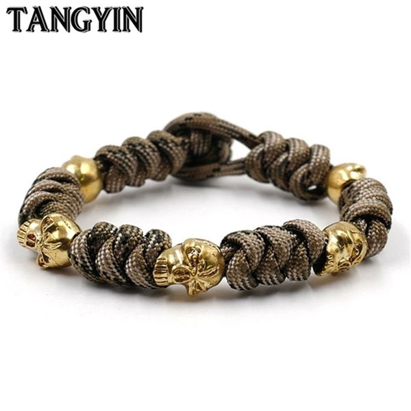 

new punk style men skull woven bracelet umbrella rope hand-woven personality friendship bracelets for men gift, Golden;silver