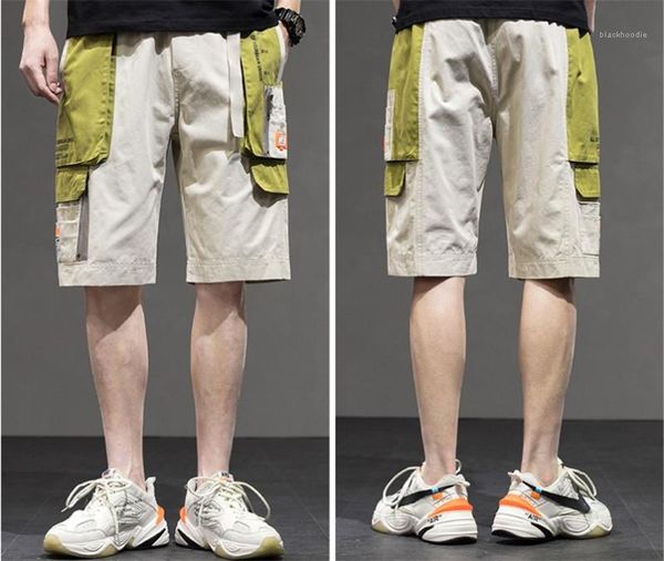 

loose pants mens designer pocket cargo pants knee length drawstring patchwork pants straight mid waist contrast color, White;black