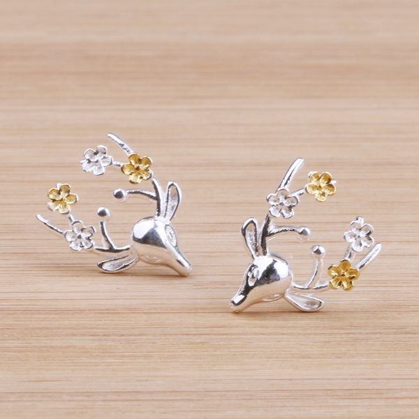 

solid 925 sterling silver small deer stud earrings for women christmas animal elk ear stud statement earring, Golden;silver