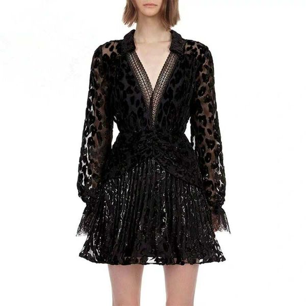 

2019 autumn new arrive deep v black color full sleeve mini dress lace mesh flocked women dress high quality, Black;gray