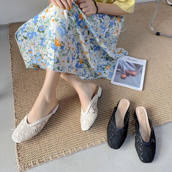 

shoes women woman's slippers slides female mule cover toe lace low square heel fashion soft 2020 mules block pu fabric, Black