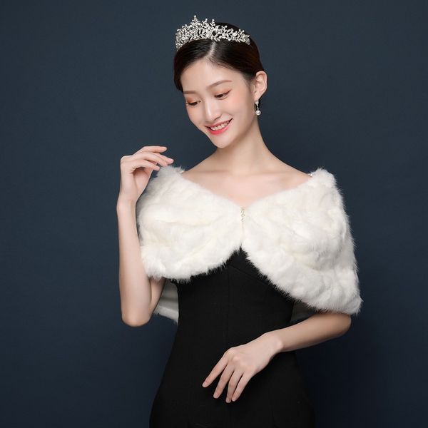 

2020 ivory women faux fur long shawl stole wrap shrug scarf coats women winter warm bridal wedding coat shawl, White
