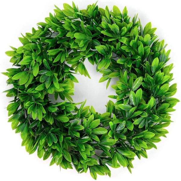 

new artificial green leaves wreath,artificial boxwood wreath leaf wreath for front door wall window party decor,indoor/outdoor u